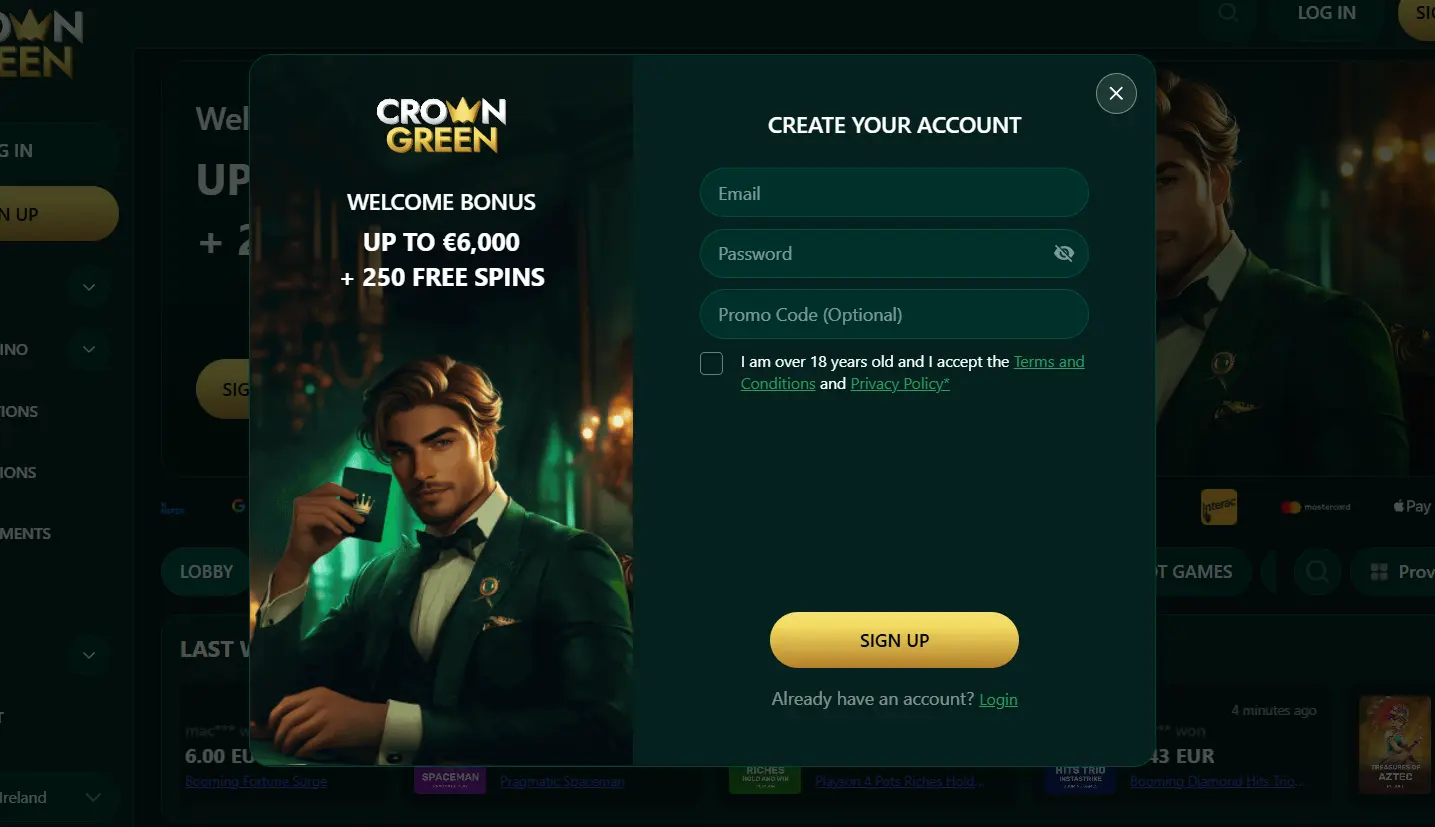 Green Crown Casino account sign-up login and verification